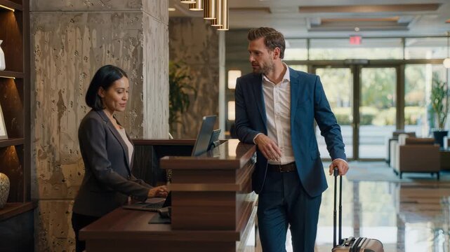 Business Traveler Checking In at Modern Hotel Reception Desk