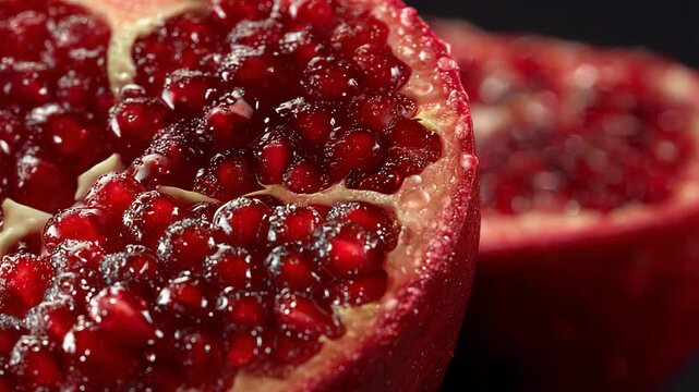 Macro Close-up of Fresh Halved Pomegranate with Juicy Red Glistening Seeds on Dark Background