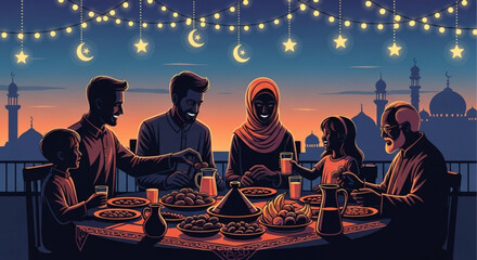 Family gathering for iftar meal on rooftop with mosque view at sunset