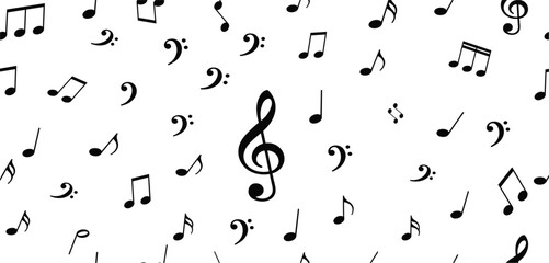 Musical Notes and Treble Clef Pattern Illustration Featuring Scattered Music Symbols for Backgrounds, Education, Sheet Music, and Creative Design