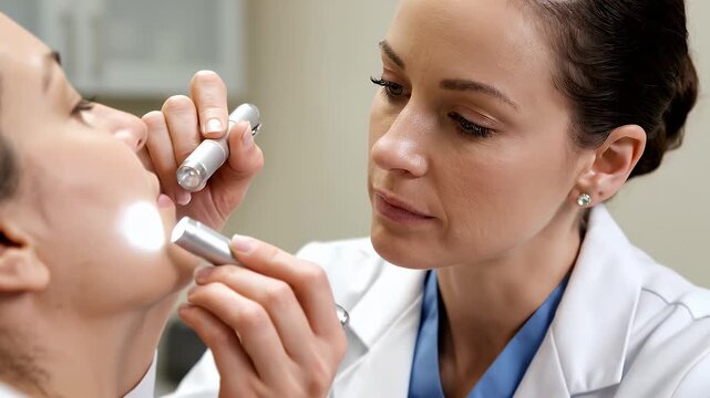 Doctor Examines Patient's Mouth With Flashlight in Clinic Setting Medical Procedure Check Up Healthcare Treatment White