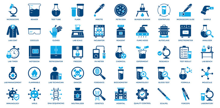 Laboratory icon set. Containing microscope, test tube, flask, pipette, centrifuge, sample, lab coat, goggles, chemical, experiment, research icon. Dual Tone style