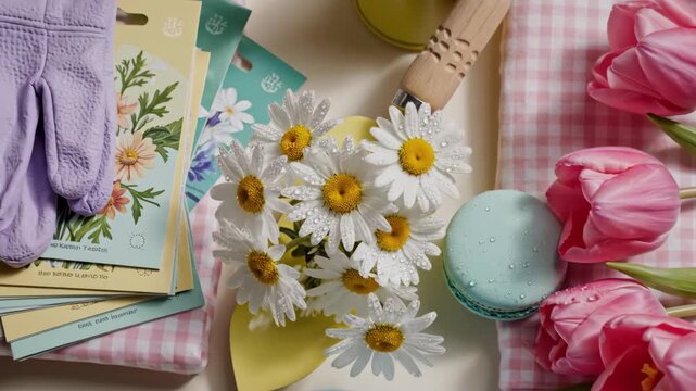 Flat-lay arrangement of gardening gloves, gardening tools, pink gingham fabric napkins, seed packets and fresh flowers including tulips and daisies