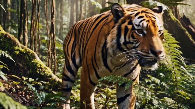 A magnificent tiger with striking orange and black stripes confidently walks through a vibrant, sun-dappled tropical jungle, its powerful gaze fixed forward. Lush green foliage, towering trees, and mo