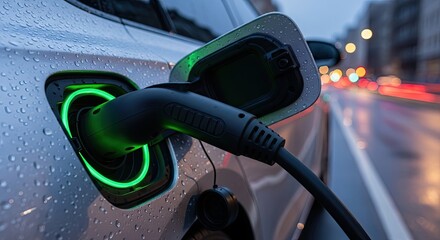 Modern EV Car Plugged In on Wet City Street