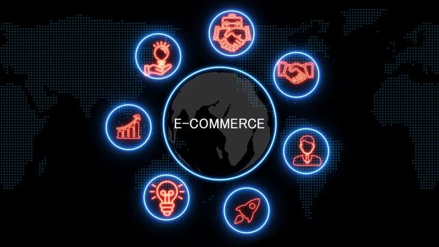 shows glowing neon line banner of e-commence concept with icons of business, responsibility, customers, integrity, goals, teamwork, commitment and innovation .4k