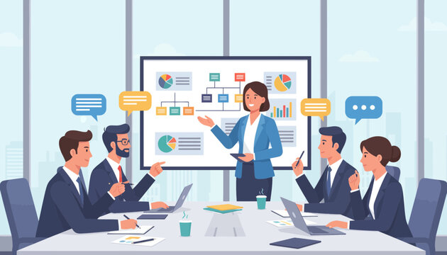 Teamwork Office Vector Illustration with Business People Collaboration. Modern teamwork office vector illustration showing a group of business people collaborating in a professional workplace.