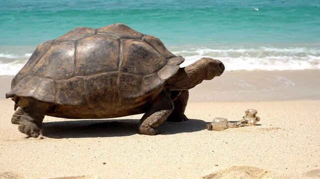 A magnificent tortoise gracefully walks along a sun-drenched sandy beach with vibrant turquoise ocean waves gently lapping in the background. The powerful image subtly depicts a discarded plastic bott