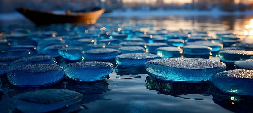 Stunning Frozen Lake Mosaic Intricate Ice Formations Reflecting Golden Sunset Over Winter Landscape