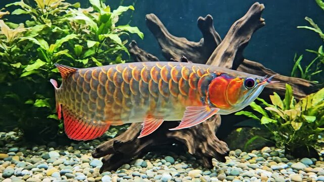 A magnificent, vibrantly colored fish with shimmering, iridescent scales and striking red fins gracefully swims through a tranquil aquatic environment. The serene underwater scene features lush green 