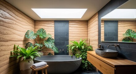 Serene Earthy Bathroom with Freestanding Bathtub