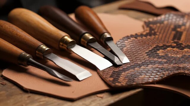 Leather Crafting Close-up with Sharp Hand Tools on Wood Table Focus on Cutting and Shaping Animal Hide for Artistic