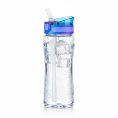 Water Bottle with Ice and Straw on White Background