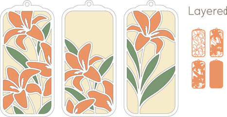 Set of lily flowers bookmark templates for laser cut, Decorative flowers label, Layered vector designs