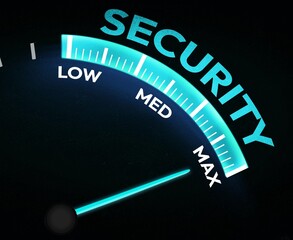 Neon blue security gauge displaying low to max levels on dark background for cybersecurity concept