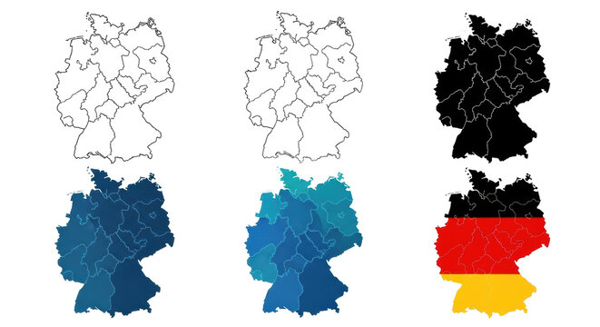 Multiple stylized vector graphic illustrations of Germany maps, including outline, silhouette, regional, and flag-colored versions, horizontally arranged on a pure transparent background with copy