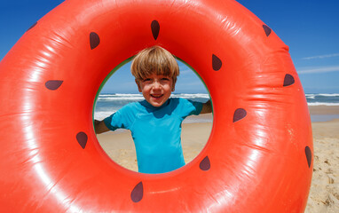 Happy boy playing with watermelon float at beach on sunny day