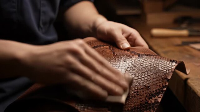 Person Smoothing Brown Snakeskin Leather Material with Sandpaper Craftsmanship Focus Close Up Detailing Process