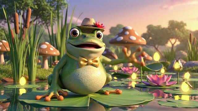 A cartoon frog wearing a hat and bow tie sitting on a lily pad in a serene pond surrounded by mushrooms and water lilies at sunset