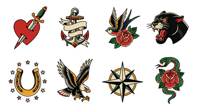 American traditional tattoo flash set including heart, anchor, swallow, panther, horseshoe, eagle, compass, and snake isolated. Vintage nautical and animal body art collection.