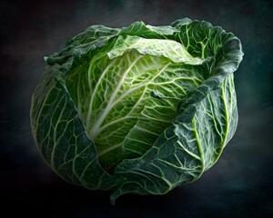 Fototapeta premium Fresh green cabbage head with intricate leaf texture and prominent veins, dramatically lit against a dark, moody background, healthy organic produce.