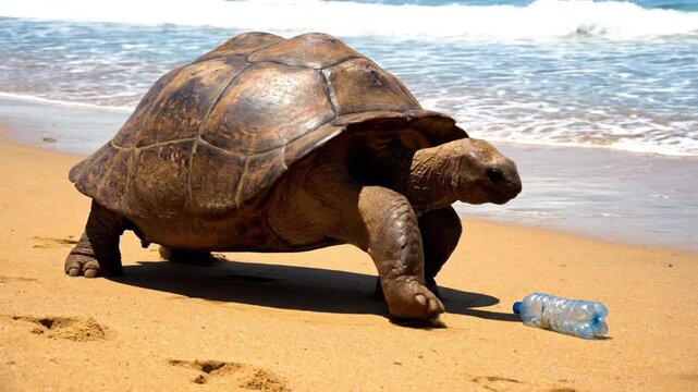 A majestic giant tortoise slowly traverses a pristine sandy beach, with the gentle ocean waves lapping in the background under a bright, sunny sky. The scene is subtly juxtaposed with a discarded plas