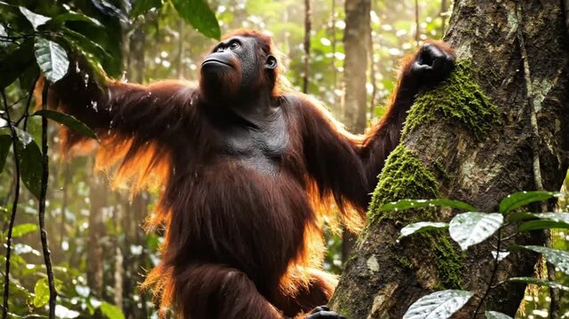 A majestic great ape with distinctive reddish-brown fur sits peacefully amidst the dense, lush foliage of a vibrant tropical rainforest. Dappled sunlight filters through the verdant canopy, beautifull