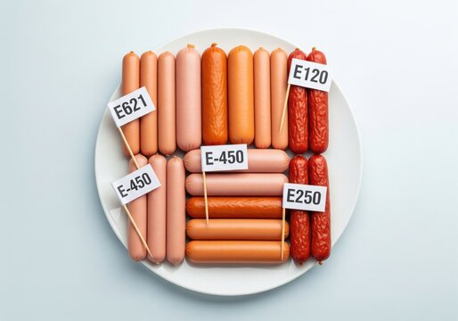 Processed sausages on a plate labeled with E-numbers, highlighting harmful additives, chemical preservatives, ultra processed meat, unhealthy nutrition and long term health risks