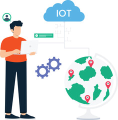 Fototapeta premium Man working holding laptop Internet things cloud computing global network data management digital technology business solution system integration world map location pins flat design