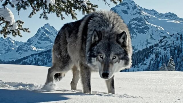 A majestic grey wolf navigates a pristine snow-covered landscape on a bright, clear winter day. The powerful wild animal, with its thick, textured fur, walks purposefully through the deep snow, kickin