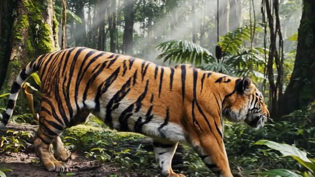 A majestic large cat, characterized by its distinctive orange coat and bold black stripes, gracefully navigates through a dense tropical jungle. Sunlight filters through the lush canopy, creating a na