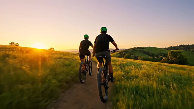 Two people riding bicycles on a path