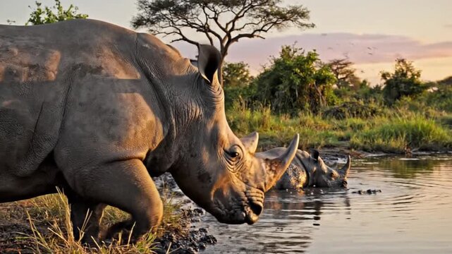 A majestic rhinoceros stands prominently at the tranquil edge of a watering hole, its textured hide illuminated by the warm, golden light of either sunrise or sunset. In the background, another rhinoc