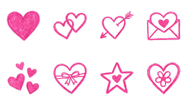 Pink crayon heart set including doodles, stars, flowers, envelopes, and arrows isolated. Hand drawn romantic valentine illustration collection.