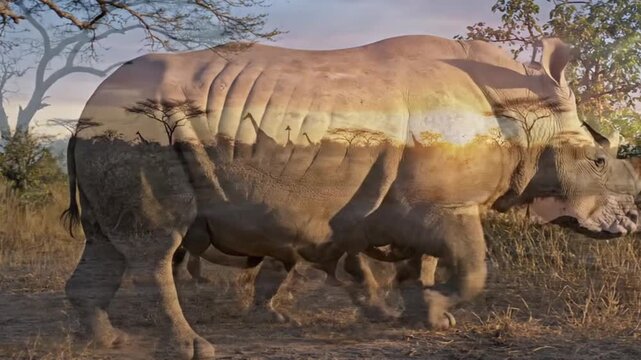 A majestic rhinoceros walks slowly across a dry, sun-drenched savanna, subtly kicking up dust with each powerful step. Its thick, textured skin and formidable horn are prominent, showcasing the raw st