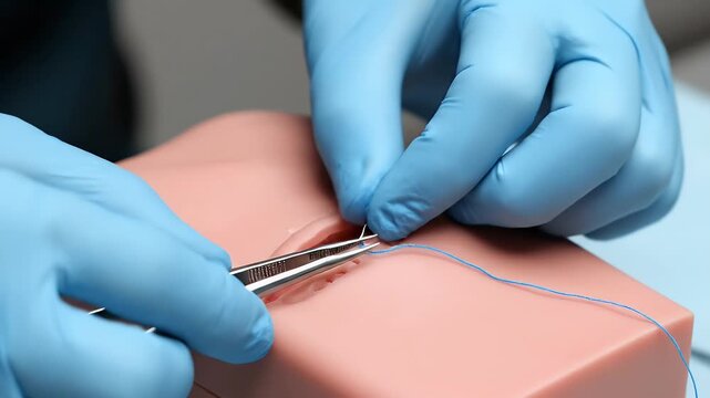 Surgical Suture Technique Demonstration On Mannequin Close-Up with Blue Gloved Hands Using Medical Instrument Light