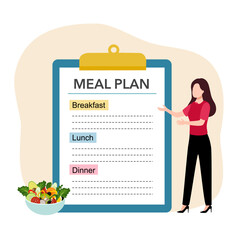 Meal plan on table of nutritionist near ingredients for preparing beneficial food and person hand with pencil. Human prepares meal plan for weight loss or low-calorie diet with healthy effect