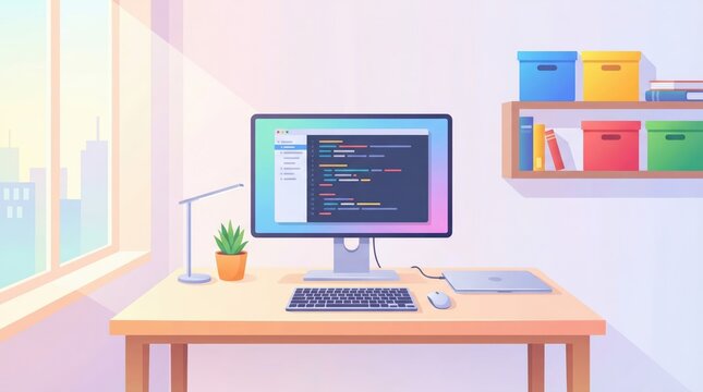 Modern home office desk with coding on monitor, daylight window, pastel vector illustration, calm productive mood
