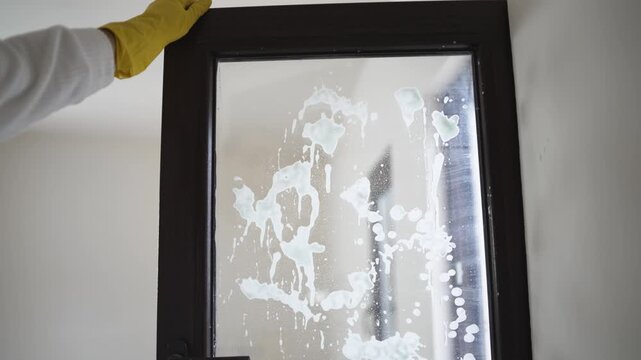 Soapy Window Foam Closeup With Reflections Yellow Glove At Top Edge Interior Soap Patterns Droplets On Glass