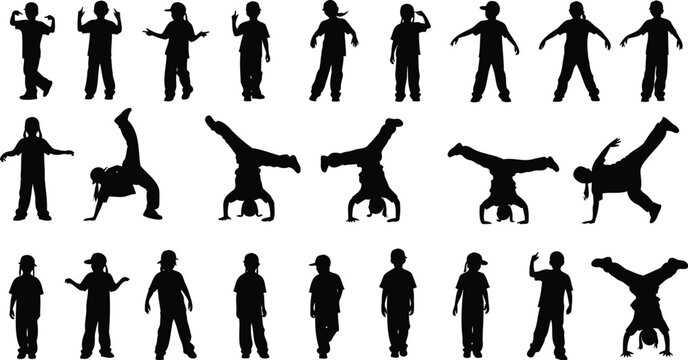 Kids hip hop breakdance silhouettes vector set of young street dancers.