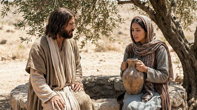Biblical Scene of Jesus Christ Sitting at Ancient Stone Water Well Talking to Samaritan Woman Holding Clay Jar Outdoors Depicting Living Water Gospel Story in New Testament History