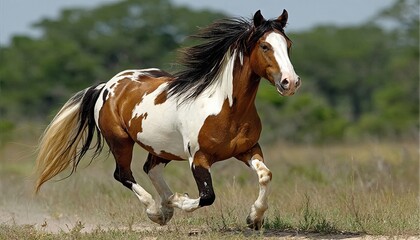 Obraz premium Majestic Pinto Mustang Galloping Through Wild Meadow, Capturing the Spirit of Freedom and Power