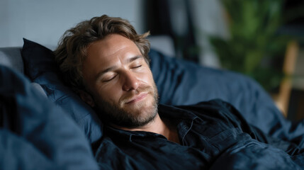 Obraz premium A man with a beard lies peacefully in bed, his expression conveying calmness and tranquility as he enjoys a restful moment in a comfortable, modern setting.