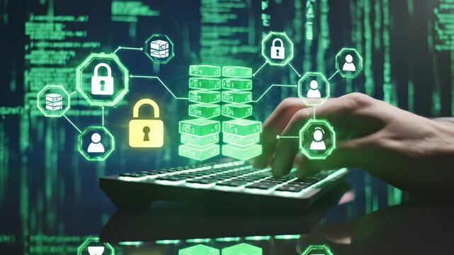 Hand typing on glowing keyboard with digital icons