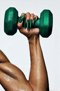Brazo atl&eacute;tico femenino con mancuerna verde y gotas de sudor, Mockup para campa&ntilde;a de empoderamiento femenino y deporte, Fotograf&iacute;a editorial de fitness luxury aesthetic