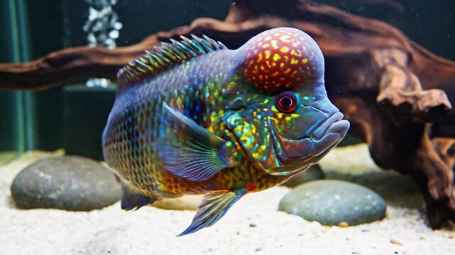 A mesmerizing, vibrant aquatic creature with an impressively prominent, ornamental head bump glides gracefully in a serene underwater environment. Its body is adorned with iridescent scales that shimm