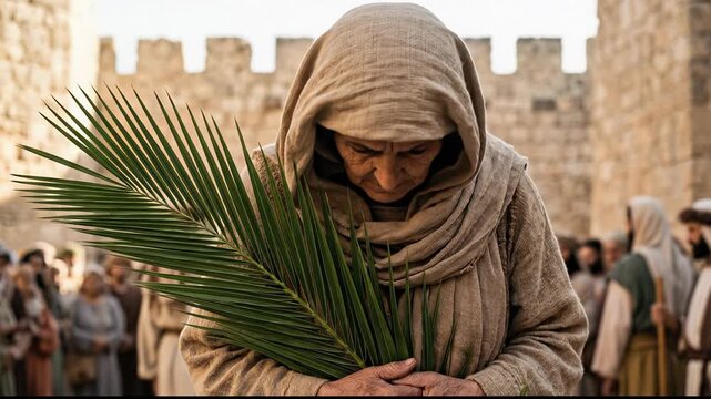 Close up view of elderly woman wearing biblical robes holding green palm branch with head bowed down in ancient city Jerusalem depicting Palm Sunday religious devotion and faith concept