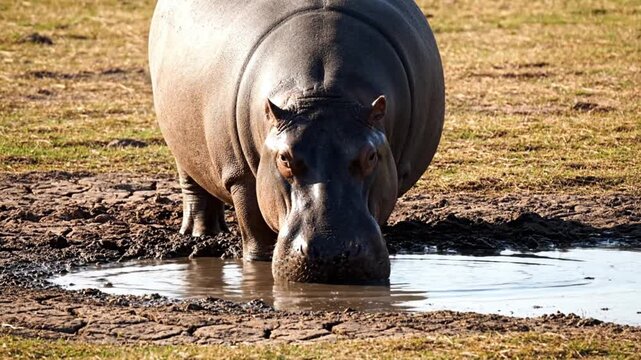 A powerful hippopotamus is captured in a striking close-up, quenching its thirst by drinking water from a muddy puddle. The majestic grey mammal dips its massive head into the shallow, murky water, sh