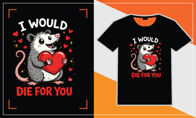 A cute opossum holding a heart with a romantic message design