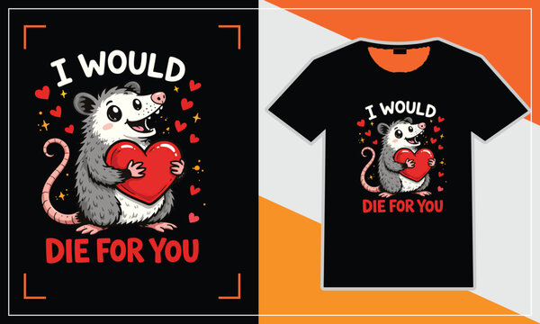 A cute opossum holding a heart with a romantic message design